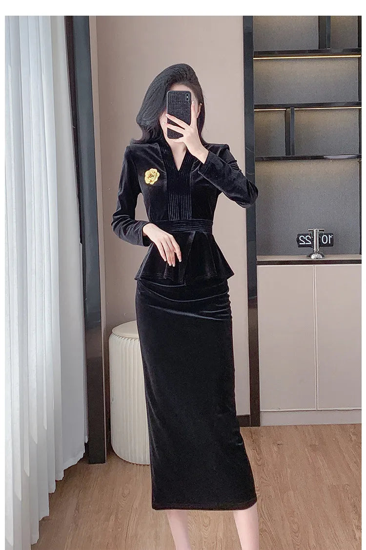 VigoAnne 2025 Solid V Neck Velvet 2 Piece Set Woman Long Sleeve High Waist Skirt Suits Lady Spring Autumn Korean Long Dress Suit.