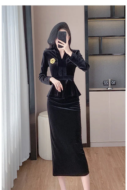 VigoAnne 2025 Solid V Neck Velvet 2 Piece Set Woman Long Sleeve High Waist Skirt Suits Lady Spring Autumn Korean Long Dress Suit.