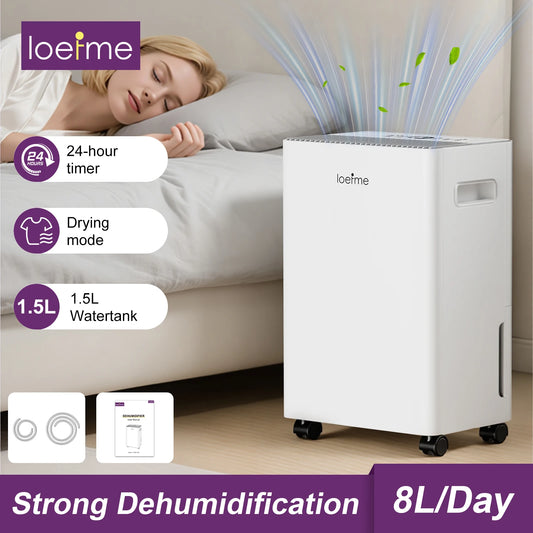 LOEFME Dehumidifier 8L/Day, Electric Dehumidifier, 1m & 3m Drain Hoses, Touchscreen with LED Display, 24h Timer, 1.5L Water Tank.