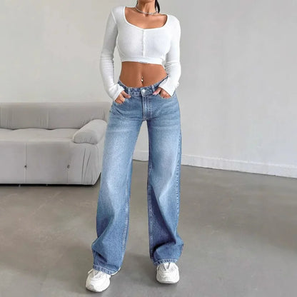 Fashionable High-Waist Straight-Leg Jeans Women's Long Pants Dragging on the Ground Old Style Decorative Zipper Closure.