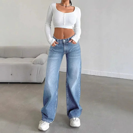 Fashionable High-Waist Straight-Leg Jeans Women's Long Pants Dragging on the Ground Old Style Decorative Zipper Closure.