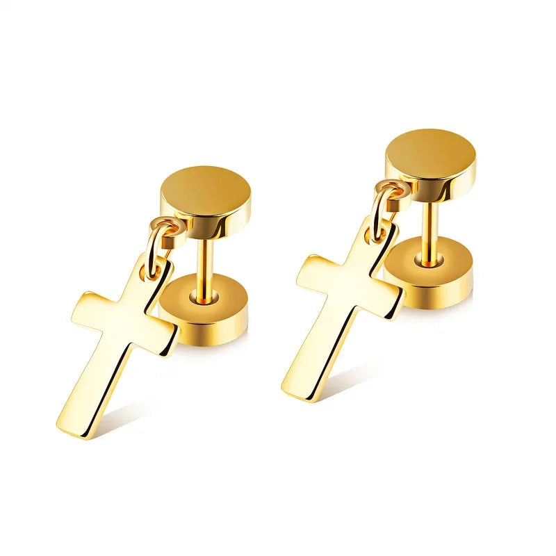 New 2PCS Men's Knights Simple Cross Stud Earrings Templar Knight Ear Studs Stainless Steel Crucifix Male Jewelry Gifts.