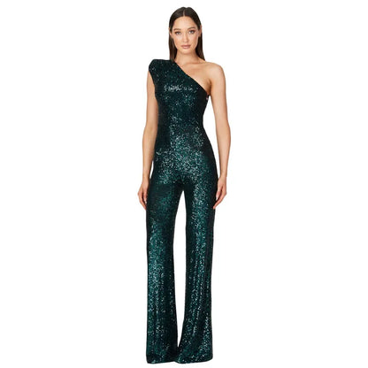 Women Elegant Long Jumpsuits Sexy Glitter Sequin Club Ladies Playsuits Slanted Collar Party Fashion Backless Solid Romper 2024