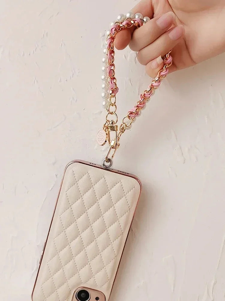 26cm Leather Pearl Camellia Mobile Phone Charm Bracelet Chain Anti-lost Universal Cell Phone Strap Rope Pendant Metal Key Chain.