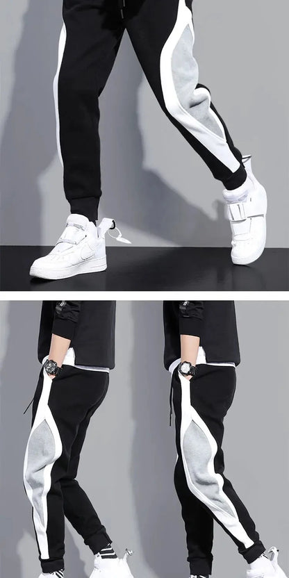 Autumn Men's Wide Loose Casual Pants Mens Patchwork Nine-point Sports  Elastic Rope Breathable Tie-foot Trousers.