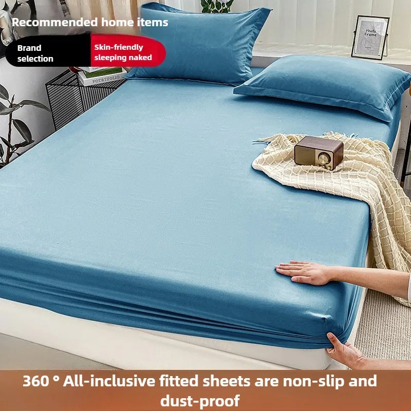 1Pc Fitted Bed Sheet With Elastic Band Solid Color Anti-slip Adjustable Mattress Cover for Single Double (No Pillowcase）.