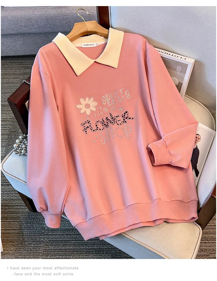 175kg plus size Damen büste Frühling Herbst lose Kragen bedruckt Langarm Sweatshirt schwarz rosa 4xl 5xl 6xl 7xl 8xl 9xl