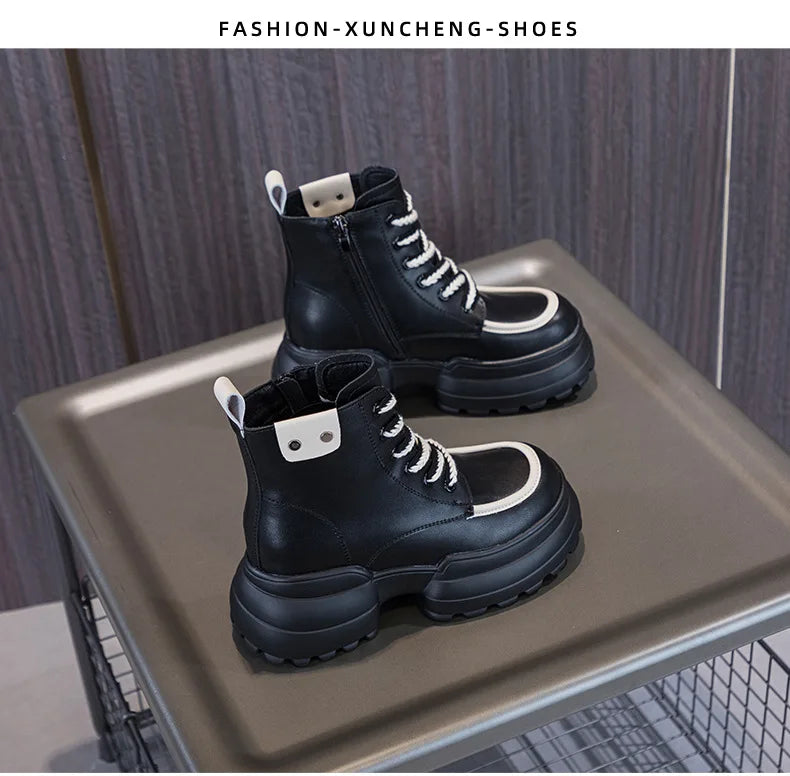 WOIZGIC Women Ladies Mother Genuine Leather Ankle Boots Shoes Lace Up Increase Inside British Style Autumn Winter Plush Fur Warm.