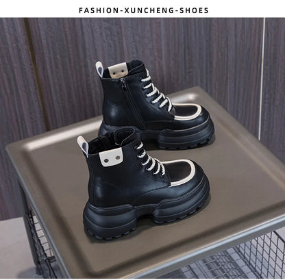 WOIZGIC Women Ladies Mother Genuine Leather Ankle Boots Shoes Lace Up Increase Inside British Style Autumn Winter Plush Fur Warm.