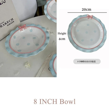 Cartoon Pink Ceramic Dinner Plate with Bow Knot, Household Dish, High Temperature Resistant, Deep Dish, Kitchen Tableware Set.