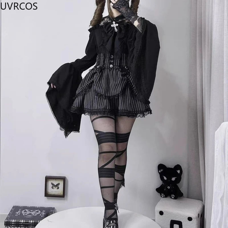 Gothic Y2k Lolita Style Shirts Women Kawaii Ruffled Collar Flare Long Sleeves Blouse Female Japanese Victorian Vintage Slim Tops.