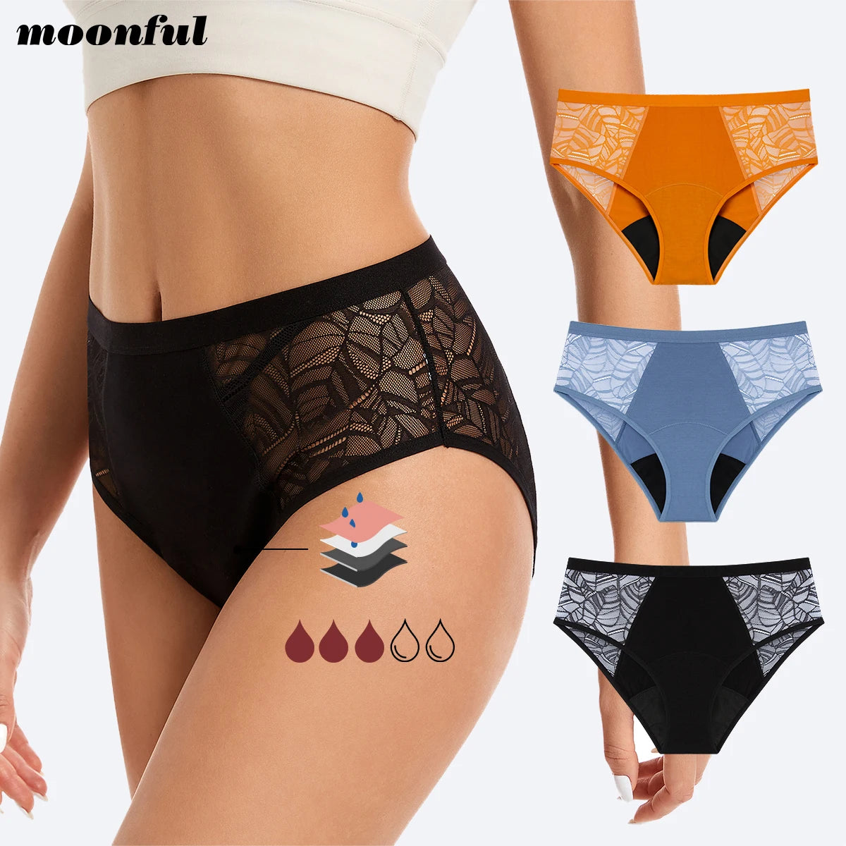 Moonful Women's Menstrual Panties High Waist Leak Proof 4 Layer Breathable Lace Period Underwear Girls Absorbent Brief.