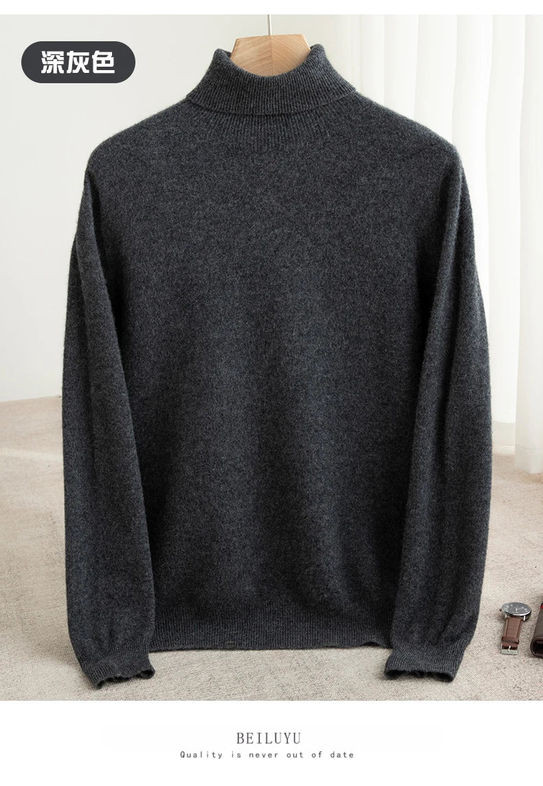 Men 100% Merino Wool Sweater Turtleneck Knitted Pullover Cashmere Warm Solid Color Clothes Business Bottoming Tops Autumn Winter