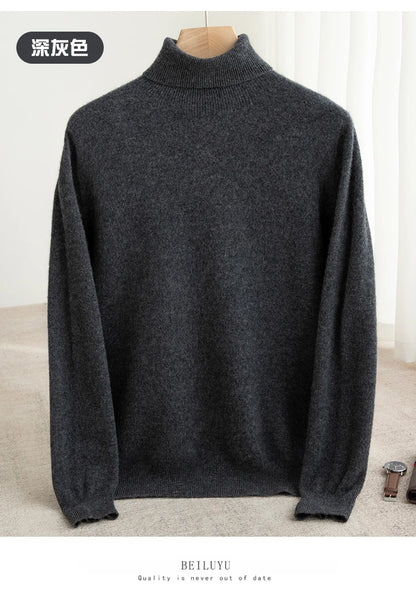 Men 100% Merino Wool Sweater Turtleneck Knitted Pullover Cashmere Warm Solid Color Clothes Business Bottoming Tops Autumn Winter
