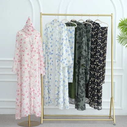 Muslim Abaya Set Luxury EID Islamic Kimono Muslim Women Dress Floral Printed Chiffon Modest Gorgeous Dubai Abaya Dress Suit
