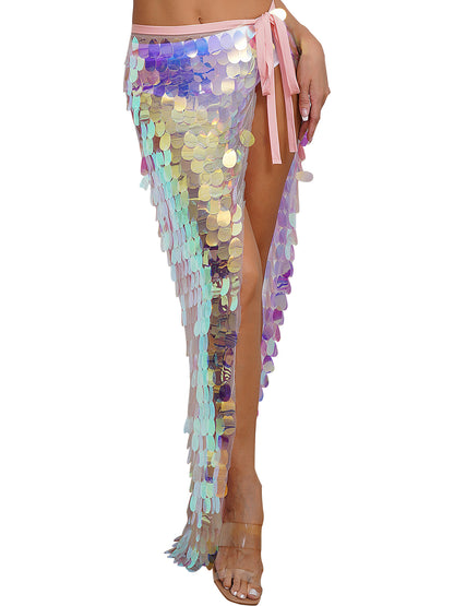 Womens Sequins Dance Skirt Lace-Up Mermaid Hip Scarf Wrap Long Belly Dance Hip Skirt Festival Dance Stage Performance Costumes