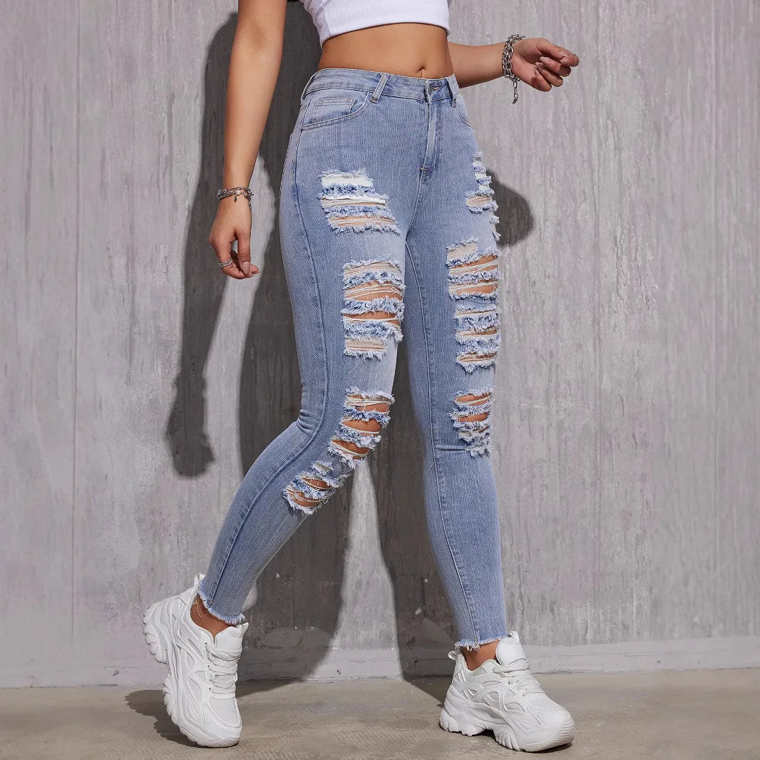 2025, Frühlings-Röhrenjeans mit hoher Taille für Damen – Stretch-zerrissene hellblaue Denim-Hose, knöchellange Slim-Fit-Freizeithose XS-XXL.