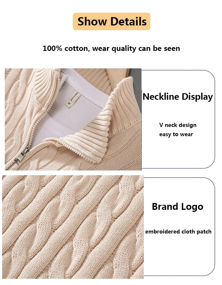 pure Cotton Sweaters Men's High Quality Autumn Cable Knit Christmas Sweater With Zipper Turtleneck Pullovers Zipper Pull Homme.