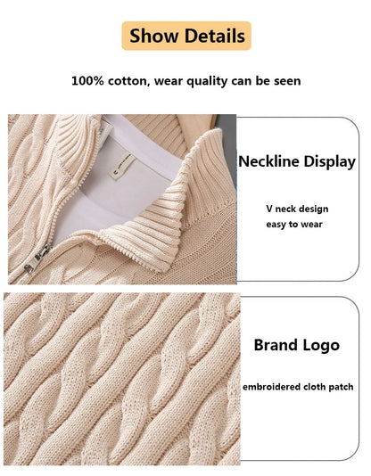pure Cotton Sweaters Men's High Quality Autumn Cable Knit Christmas Sweater With Zipper Turtleneck Pullovers Zipper Pull Homme.