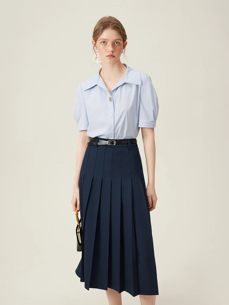 FSLE 2025 New Arrival Women Zipper Waist Office Lady Elegant Grey Skirt Pleated Design Navy Blue Color Long Skirt Daily Outfits.