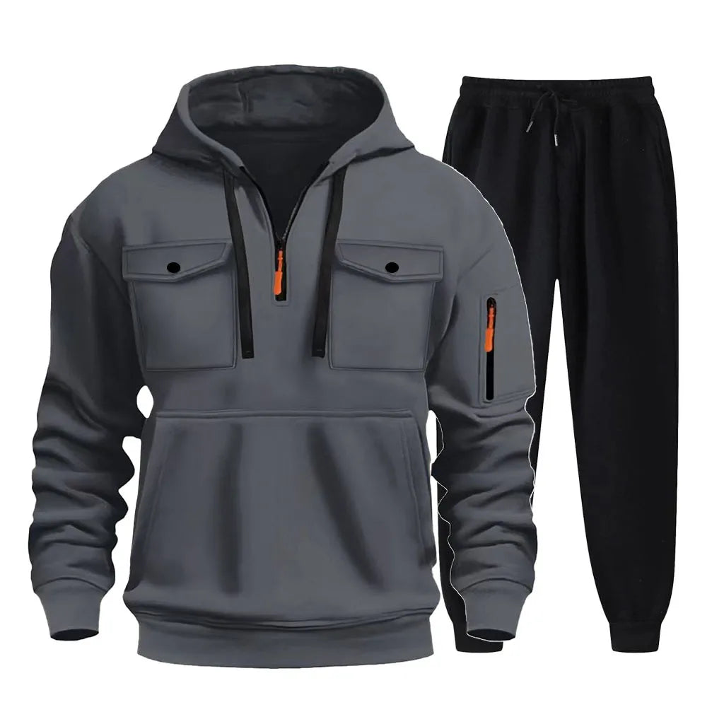 2025 new autumn/winter men's multi pocket zipper hooded sweatshirt+sports pants two-piece jogging and leisure fitness suit set.