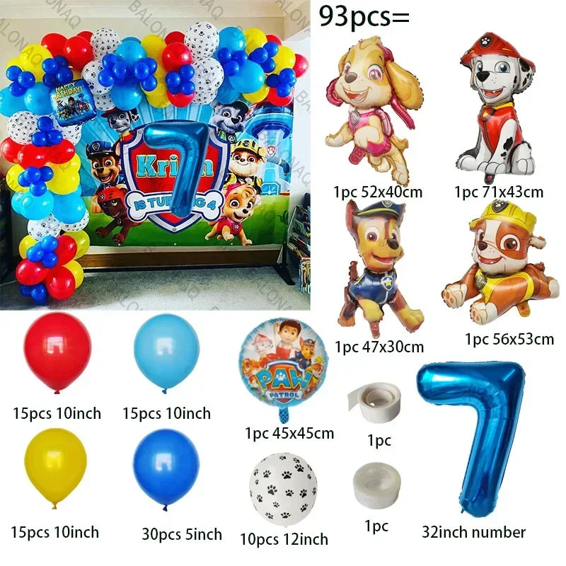 93PCS Dog Theme Party Set Birthday Party Decoration Paw Patrol Skin Dog Paw Balloon Bone Aluminum Film Balloon Decoration.