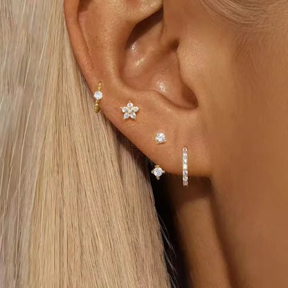 4PCS Fashion Zircon Round Hoop Earring Set Women Temperament Flower Ear Stud Huggie Earring Tragus Piercing Cartilage Jewelry.
