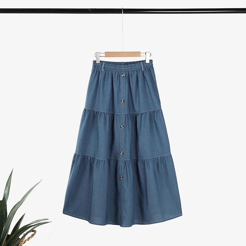 Autumn Elastic Waist Solid Skirts ZANZEA Fashion Women Denim Blue Skirt Elegant A-line Work Overskirts Casual Loose Holiday Jupe.