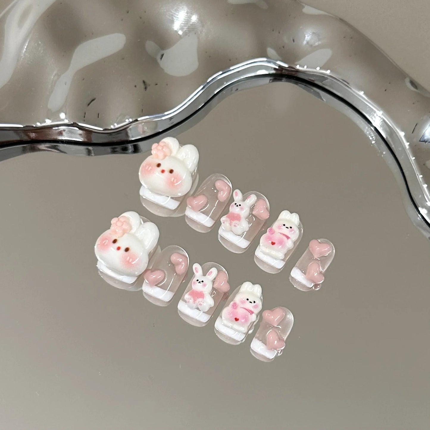 10pcs Handmade Press on Nails Pink Heart Cute White Rabbit Cartoon French False Nail for Women&Girl Detachable Wearable Nail.
