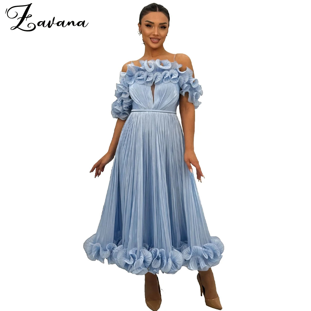Zavana Stilvolles A-Linien-Abschlussballkleid, schulterfrei, mit Falten, Tüll, Tee-Länge, Saudi-Arabien, Festzug, formelles Partykleid, individuell gestaltet.