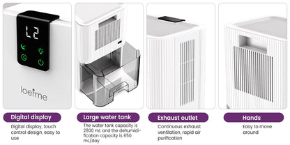 LOEFME Silent Dehumidifier 2.8L Large Air Dehumidifier 650ml/Day with Touch Display LED Light for Home Bedroom Office Basement.