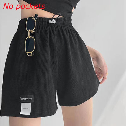 2025 Waffle Women's Shorts High Waist Black Shorts Casual Aesthetic Elastics Hot Pants Loose Summer Women's Clothing Bottoms
