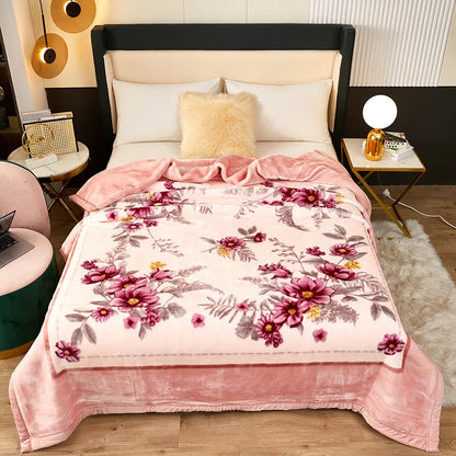 Mink Fleece Blanket King Size 3-Ply Reversible A & B Printed Soft Plush Bed Blanket Heavy Thick Winter Warm Blanket Pink Floral.