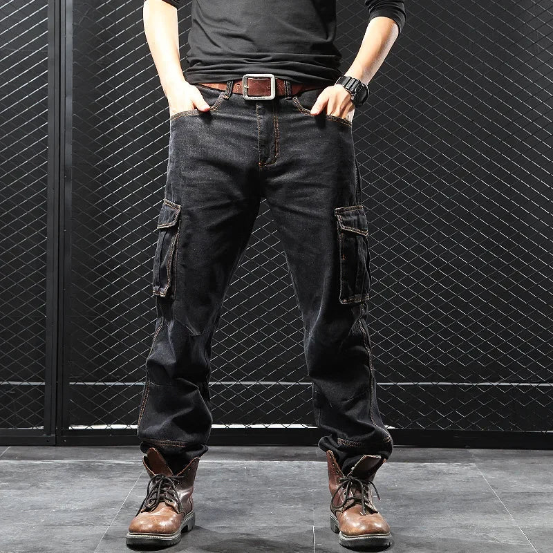 Men's Autumn/Winter Multi-Pocket Straight-Leg Cargo Pants Loose Fit Plus Size Plus Beefy Jeans Casual Comfortable Denim Trousers.