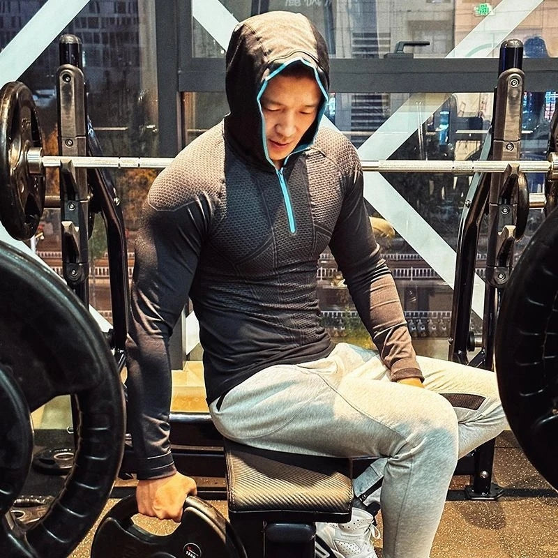 Men's Quick Dry Breathable Slim Fit Elastic Hooded Zipper Long Sleeve Fitness T-Shirt for Gym Sports Casual.