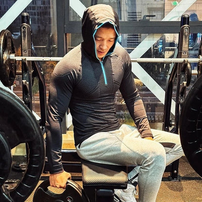Men's Quick Dry Breathable Slim Fit Elastic Hooded Zipper Long Sleeve Fitness T-Shirt for Gym Sports Casual.