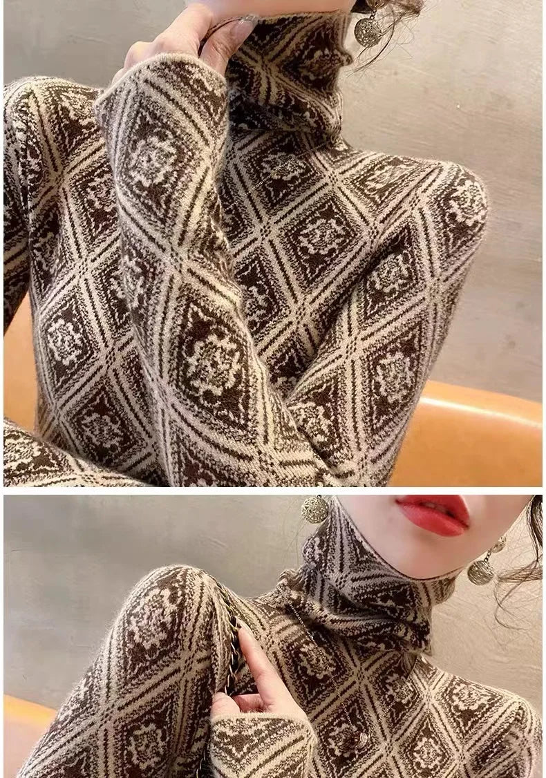 Frauen Kleidung Mode Rollkragen Argyle Stricken Pullover Herbst Winter Elegante Chic Schlanke Langarm Pullover Büro Dame Y2K Top.