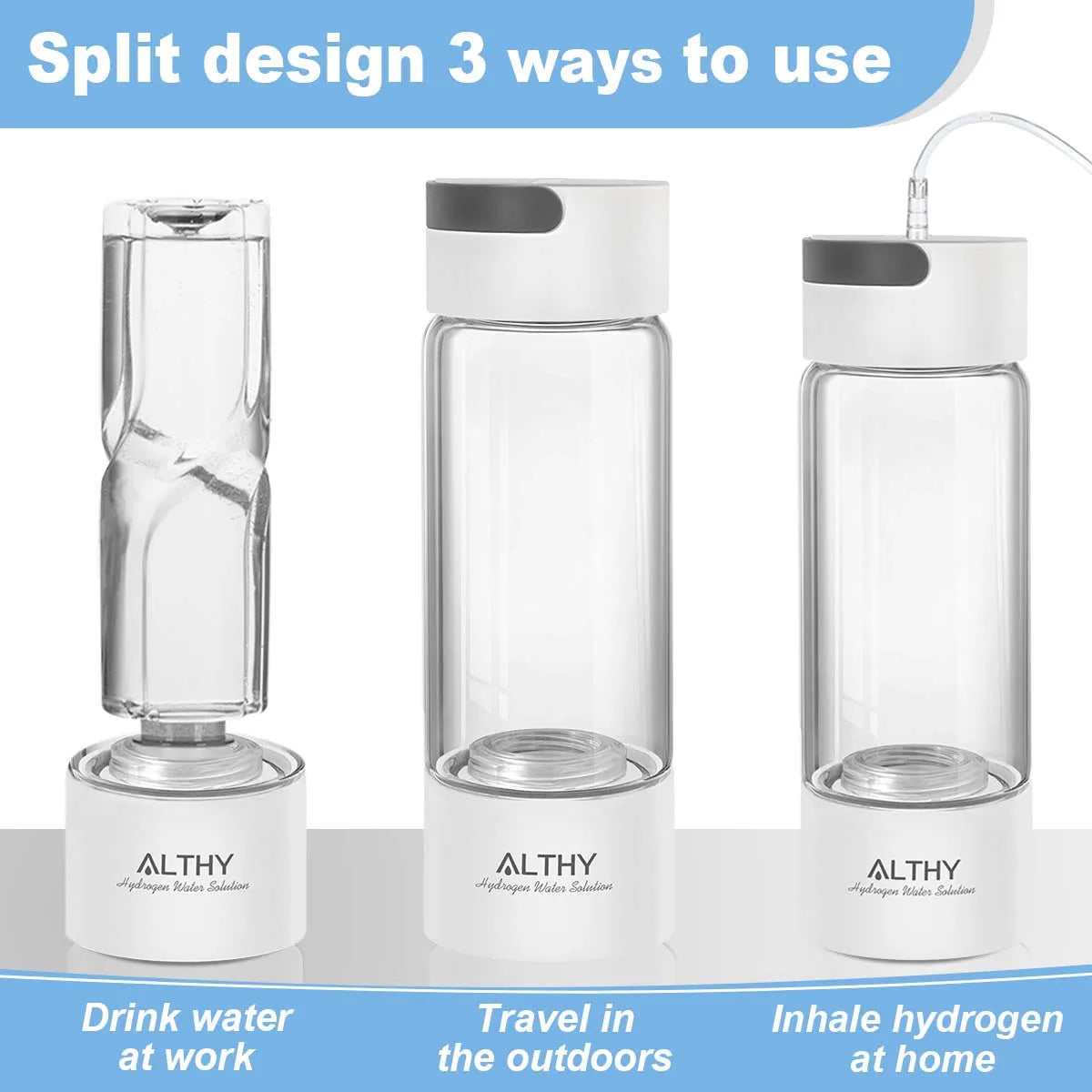 ALTHY Hydrogen Rich Water Generator Bottle - Glass Cupbody - DuPont SPE & PEM Dual Chamber Maker Ionizer - H2 Inhalation Device.