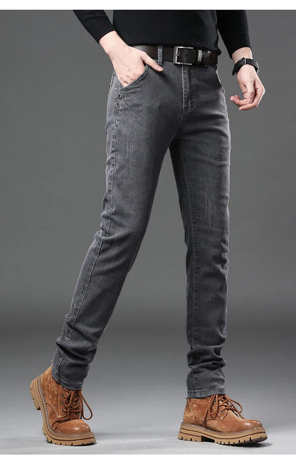 New Pure Gray Korean Slim Jeans Men's Stretch Tight Trendy Jean Trousers Branded Streetwear Comfortable Man Clothing Pants.