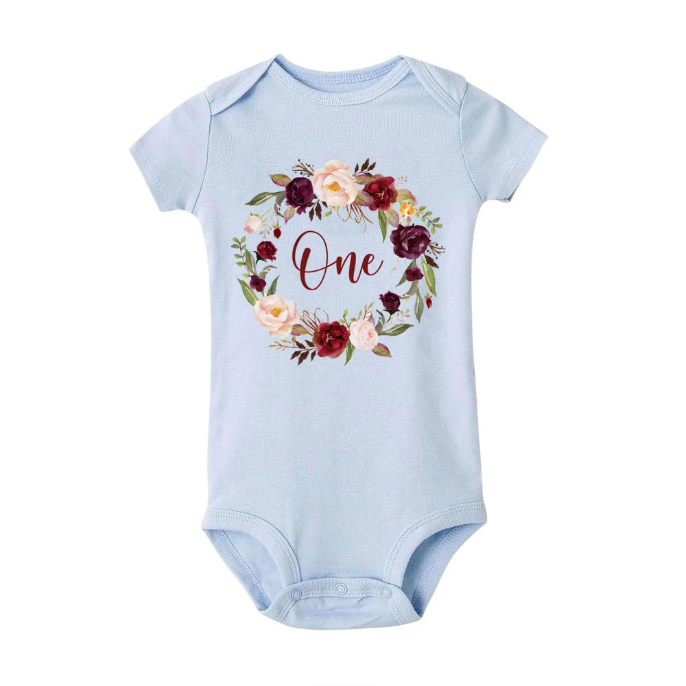 Kleinkind-Body mit Blumen- und Ein-Druck, lässig, kurzärmelig, für den ersten Geburtstag, Baby-Strampler, Sommer-Geburtstagsfeier, Blumenmädchen-Kleidung.