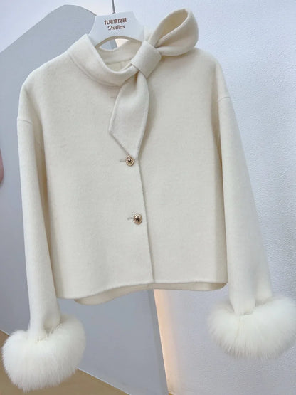 Woll mantel Damen neue Winter Natur fuchs Pelz Manschette Outwear Damen mantel Kaschmir Wolle Wolle Frauen Luxus jacke.