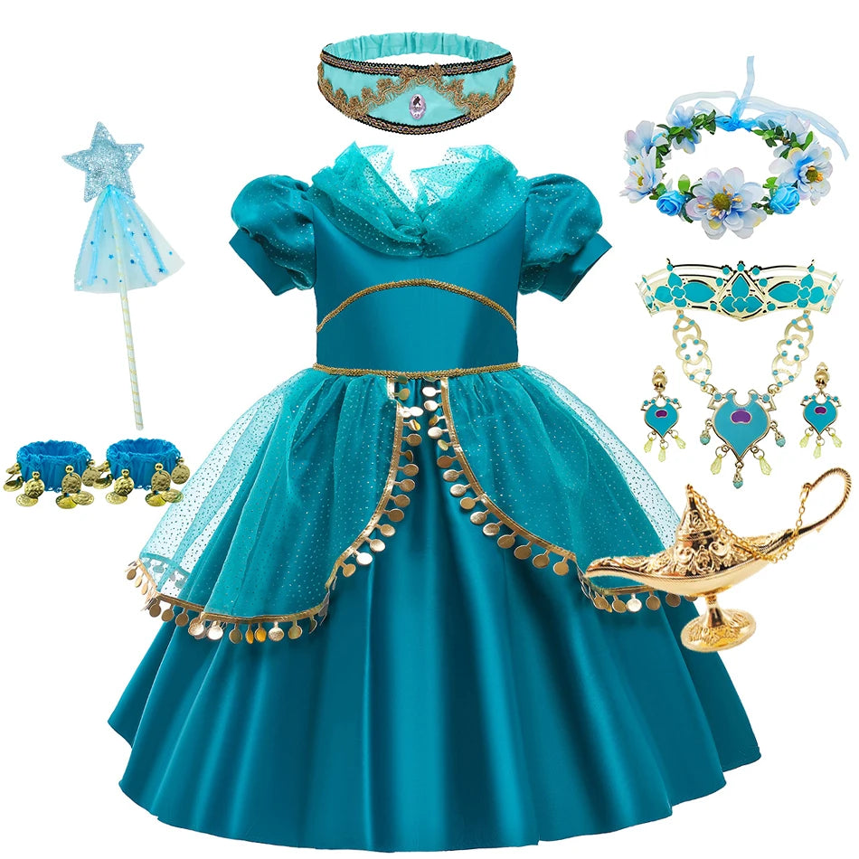 Disney Prinzessin Jasmin Kleid Kinder Cosplay Aladin und die Wunderlampe Performance Kostüm Mädchen Halloween Karneval Outfits.