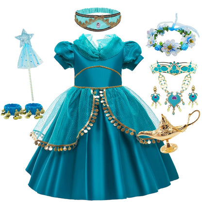 Disney Prinzessin Jasmin Kleid Kinder Cosplay Aladin und die Wunderlampe Performance Kostüm Mädchen Halloween Karneval Outfits.