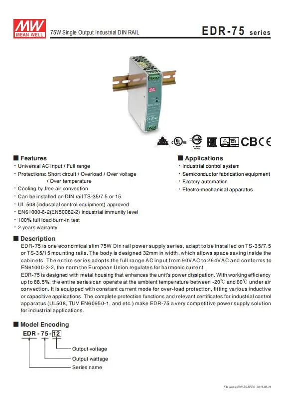 MEAN WELL EDR-75 120 150 12V 24V 48V meanwell EDR-75 120 150 12 24 48 V Single Output Switching Power Supply.