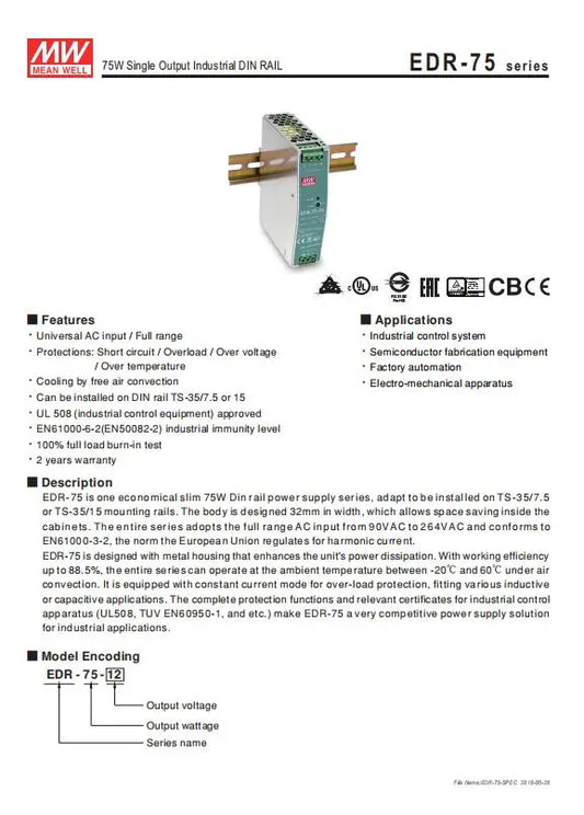 MEAN WELL EDR-75 120 150 12V 24V 48V meanwell EDR-75 120 150 12 24 48 V Single Output Switching Power Supply.