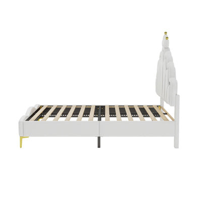 Polsterbett ohne Matratze, ferngesteuertes Umgebungslichtbett mit 2 Schubladen, kronenförmiges Prinzessinnenbett, verstellbarer Kopf, PU, Weiß