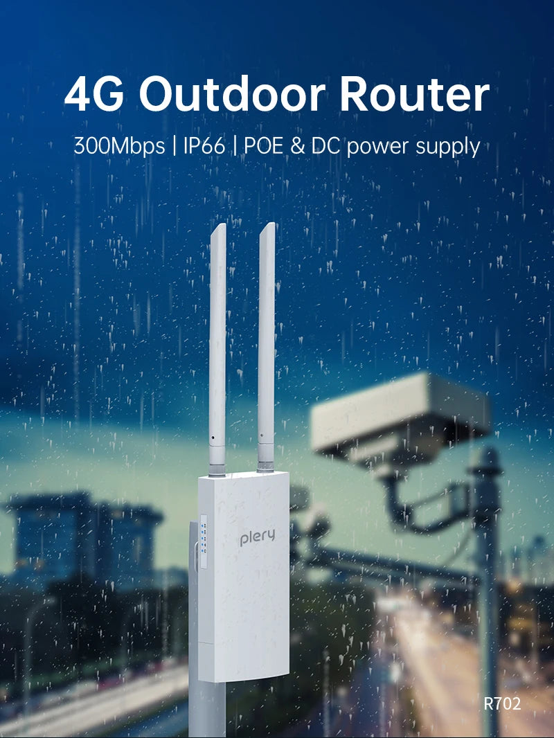 Plery IP66 CAT4 AX300 4G Router WiFi6 Outdoor Router For IP Camera/CPE 300Mbps Global LTE Router POE/DC Power 2*5dBi Antennas.