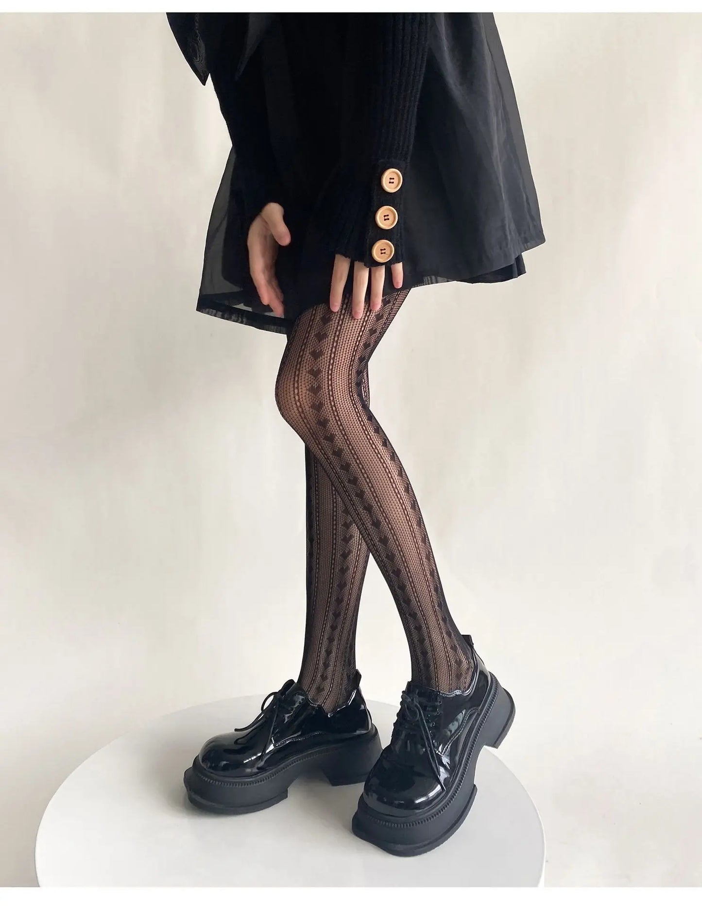 Female Vintage Fishnet Lace Pattern Tights Hollowed Rhombus Striped Geometric Jacquard Pantyhose Anti-pilling JK woman Legging