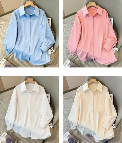 Plus Size Women's Blouses 2025 Spring Autumn Simple Lady Shirts Long Sleeve Big Pockets Shirt Loose Casual Tops.