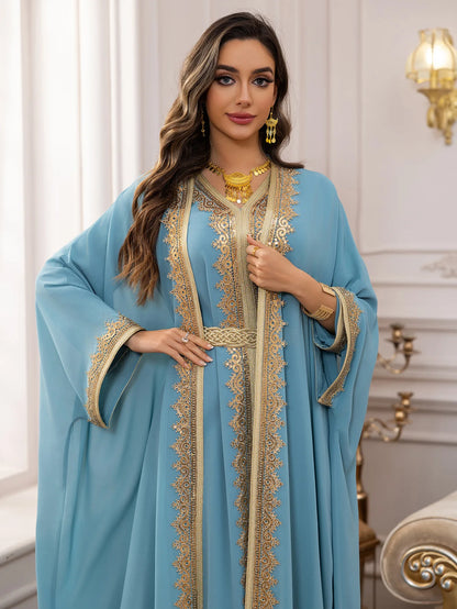 Eid Frauen Abaya Kleid Muslim 2-teiliges Set Strickjacke mit Innenkleid Schnürmantel Kaftan Robe Jalabiya Ramadan Marokko Kaftan 2025.